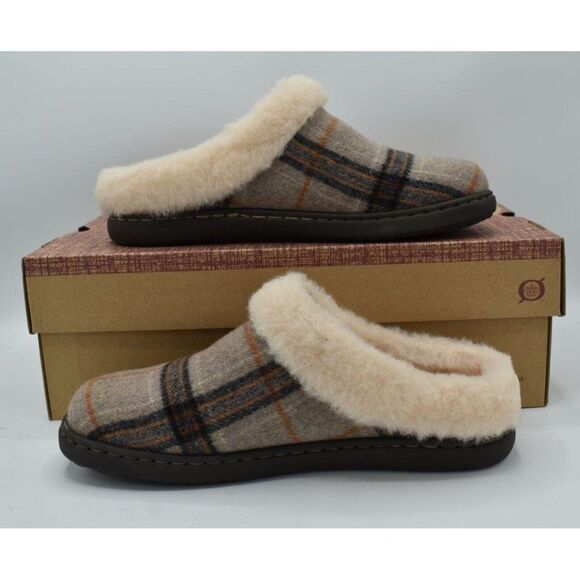 Born Womens Size 11 Ali Genuine Shearling Wool Trim White Plaid Slip On Slippers - Picture 2 of 12